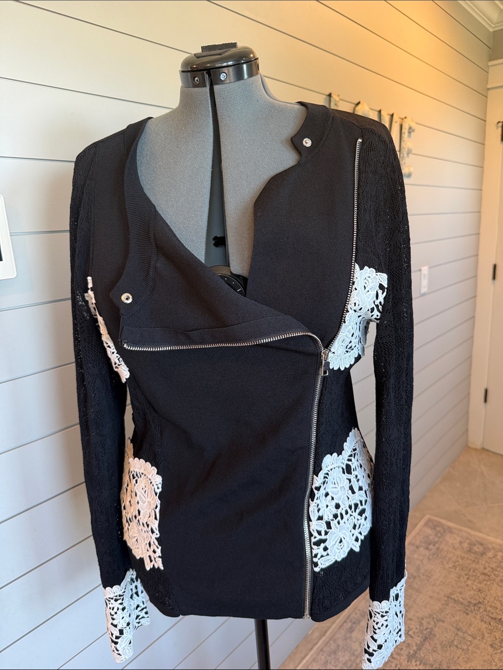 Black Lace-Appliqué Asymmetrical Zip Jacket